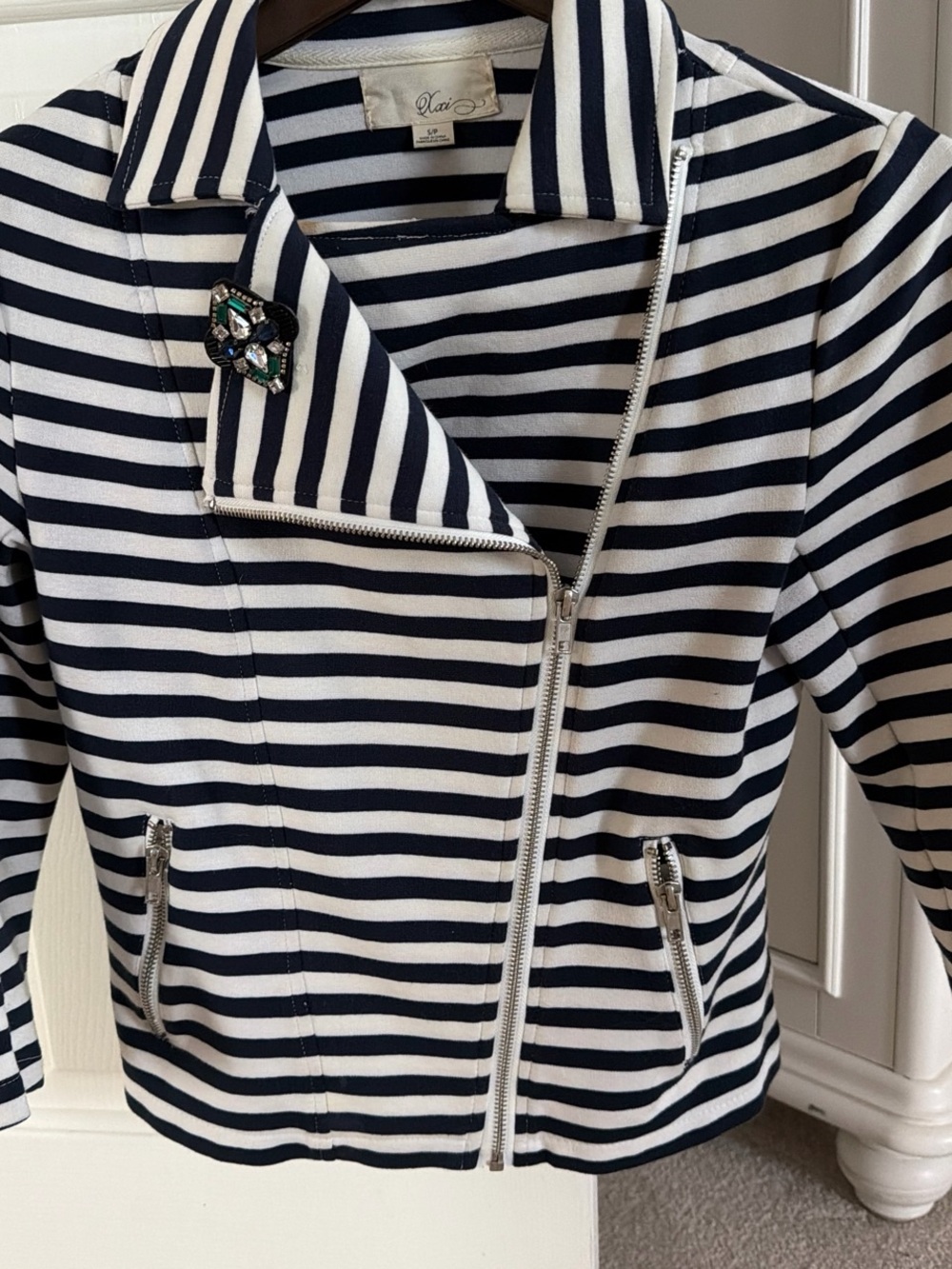 Forever 21 Navy and White Striped Zip Moto Blazer with Brooch